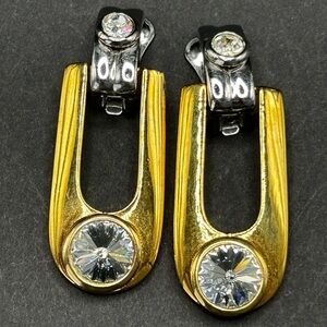 VTG 1980s Erwin Pearl Gold and Silver Clip-On Earrings with Crystals, 2”
